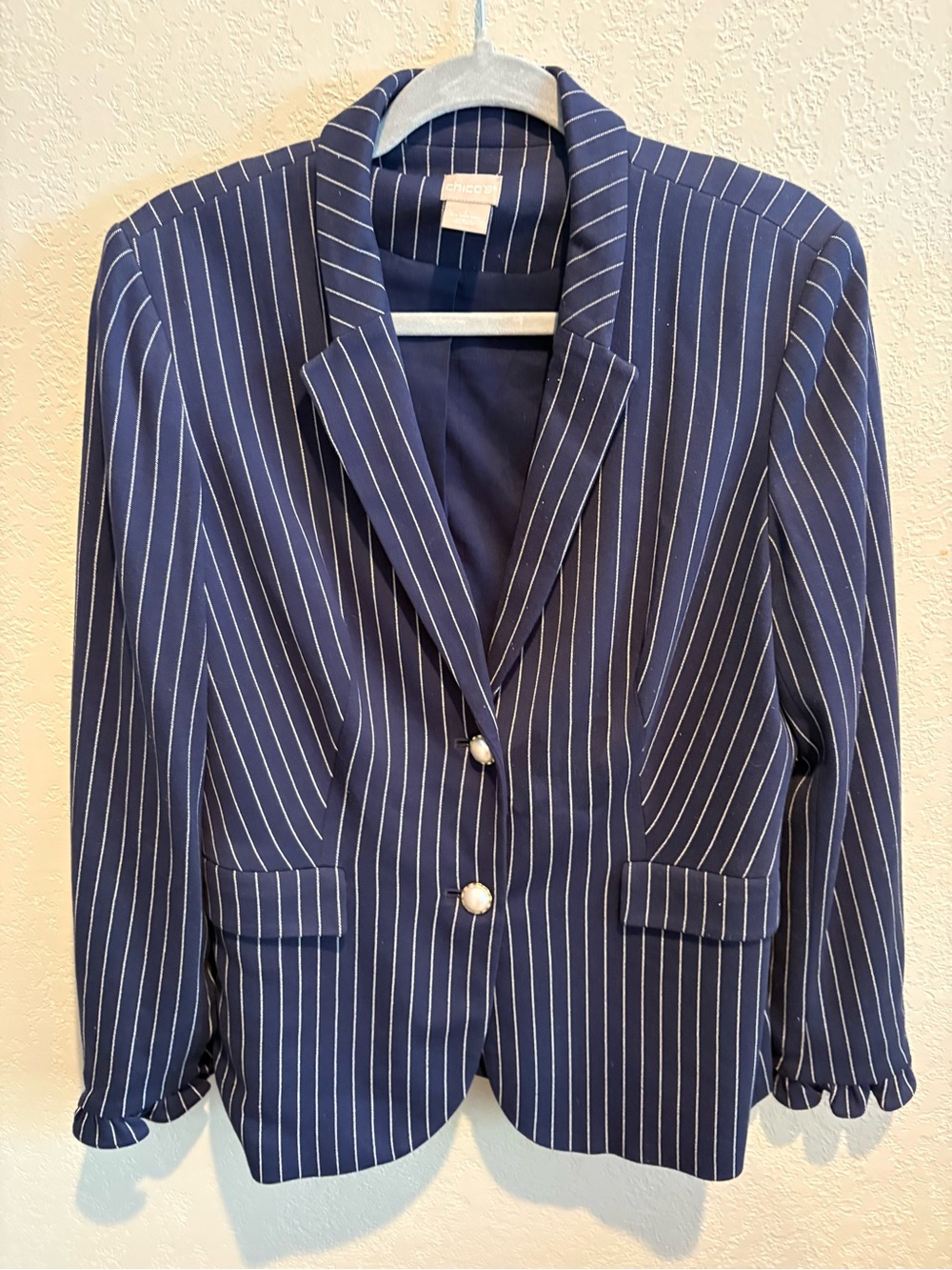 Chico's Navy and White Pinstripe Two-Button Notch-Lapel Blazer